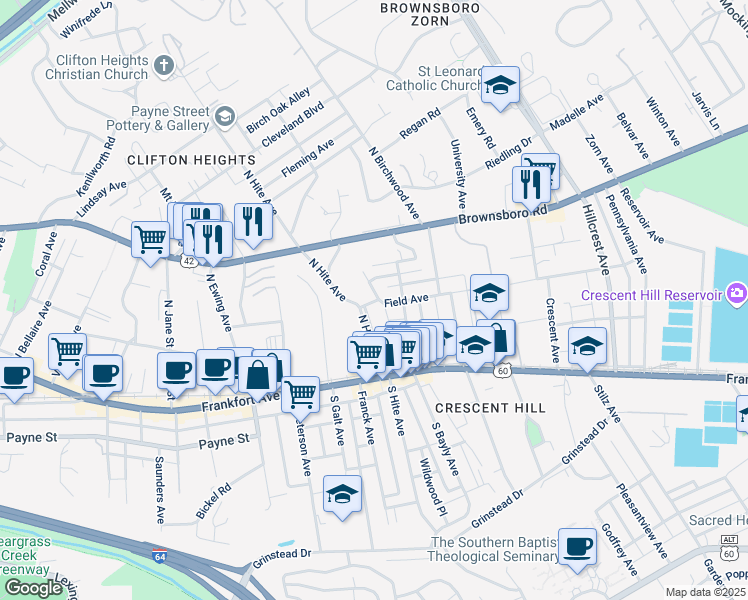 map of restaurants, bars, coffee shops, grocery stores, and more near 208 Linden Lane in Louisville
