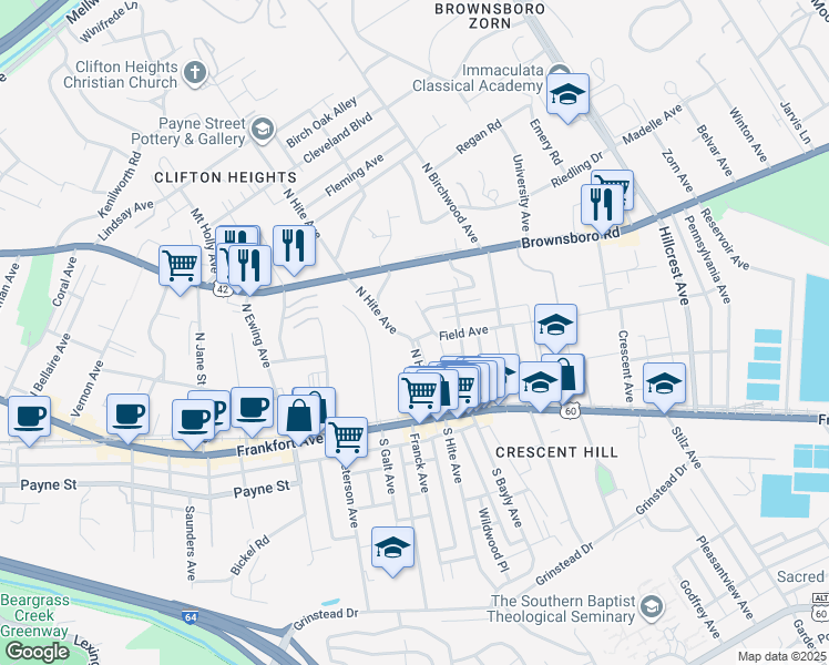 map of restaurants, bars, coffee shops, grocery stores, and more near 208 Linden Lane in Louisville
