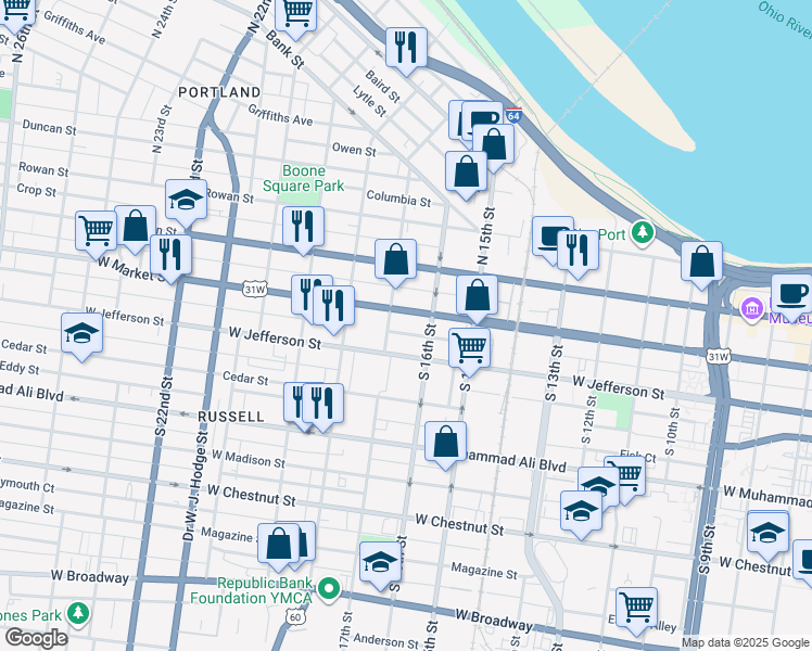 map of restaurants, bars, coffee shops, grocery stores, and more near 1622 West Market Street in Louisville