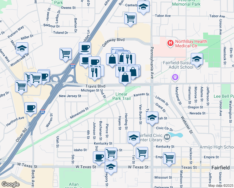 map of restaurants, bars, coffee shops, grocery stores, and more near 1407 Minnesota Street in Fairfield