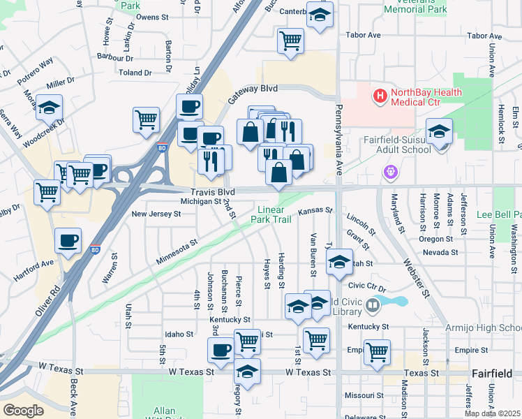 map of restaurants, bars, coffee shops, grocery stores, and more near 1407 Minnesota Street in Fairfield