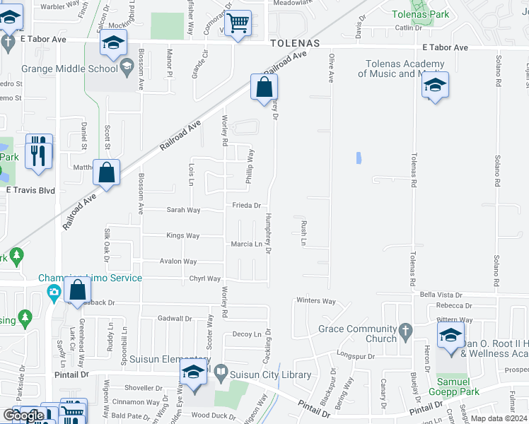 map of restaurants, bars, coffee shops, grocery stores, and more near 1216 Humphrey Drive in Suisun City