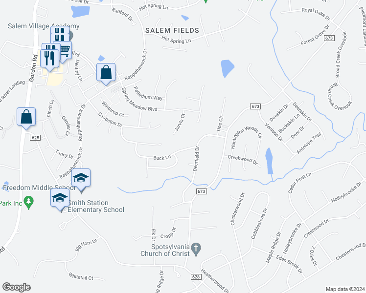 map of restaurants, bars, coffee shops, grocery stores, and more near 6807 Buck Lane in Fredericksburg