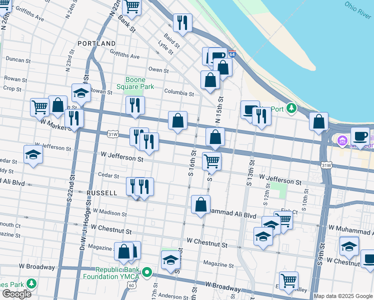 map of restaurants, bars, coffee shops, grocery stores, and more near 1622 West Market Street in Louisville