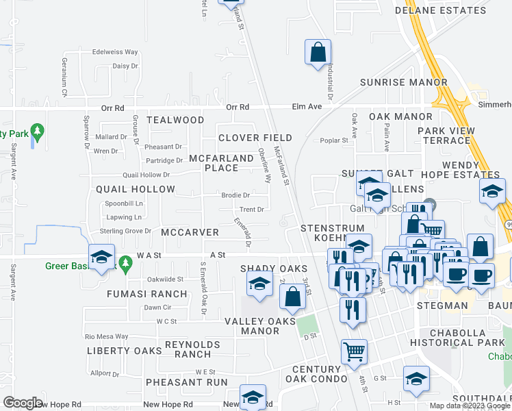 map of restaurants, bars, coffee shops, grocery stores, and more near 139 Trent Drive in Galt