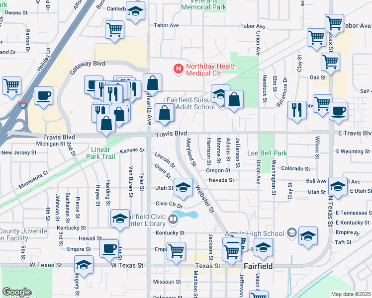 map of restaurants, bars, coffee shops, grocery stores, and more near 1413 Maryland Street in Fairfield