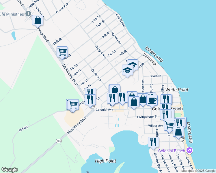map of restaurants, bars, coffee shops, grocery stores, and more near 1003 Euclid Avenue in Colonial Beach