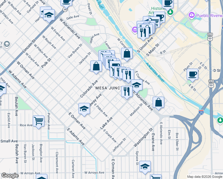 map of restaurants, bars, coffee shops, grocery stores, and more near 216 East Evans Avenue in Pueblo