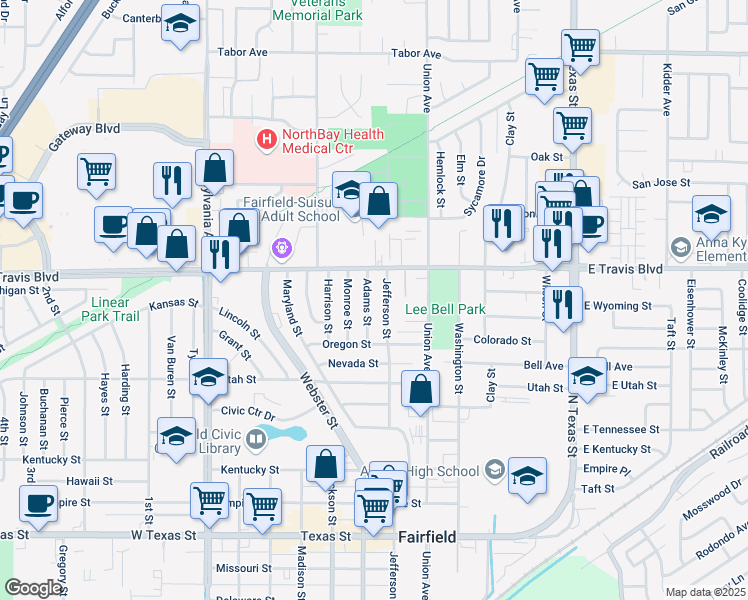 map of restaurants, bars, coffee shops, grocery stores, and more near 1504 Adams Street in Fairfield