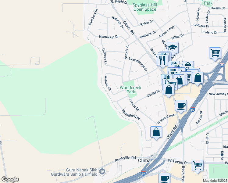map of restaurants, bars, coffee shops, grocery stores, and more near 1461 Salem Court in Fairfield