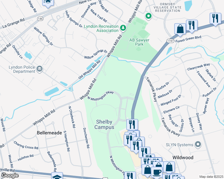 map of restaurants, bars, coffee shops, grocery stores, and more near 310 North Whittington Parkway in Louisville