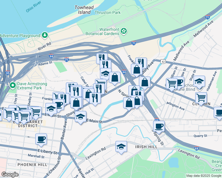 map of restaurants, bars, coffee shops, grocery stores, and more near 1406 East Washington Street in Louisville