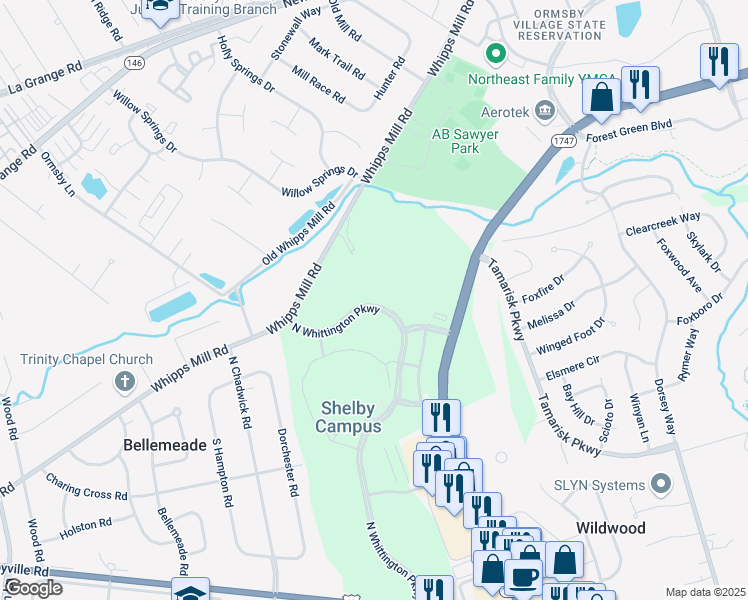 map of restaurants, bars, coffee shops, grocery stores, and more near 805 North Whittington Parkway in Louisville
