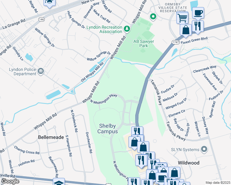 map of restaurants, bars, coffee shops, grocery stores, and more near 805 North Whittington Parkway in Louisville
