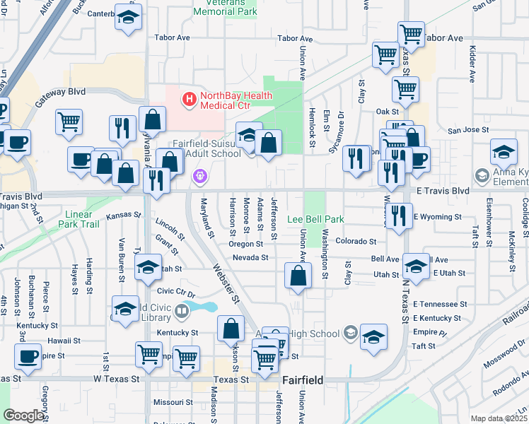 map of restaurants, bars, coffee shops, grocery stores, and more near 1504 Adams Street in Fairfield