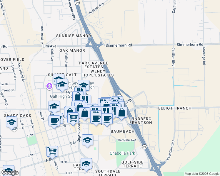 map of restaurants, bars, coffee shops, grocery stores, and more near 117 Camellia Way in Galt
