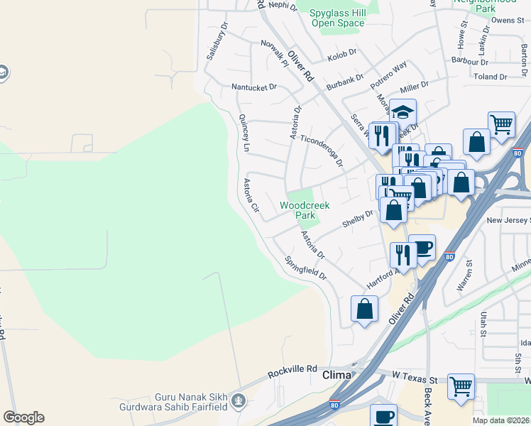 map of restaurants, bars, coffee shops, grocery stores, and more near 1461 Salem Court in Fairfield