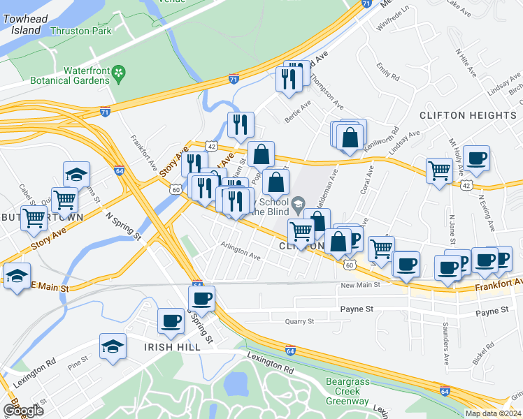 map of restaurants, bars, coffee shops, grocery stores, and more near 158 State Street in Louisville