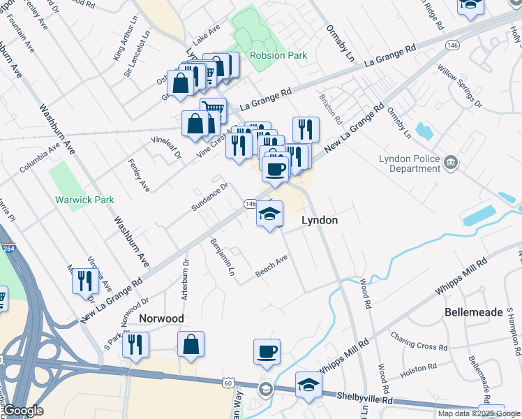 map of restaurants, bars, coffee shops, grocery stores, and more near 8000 Post Oak Place in Louisville