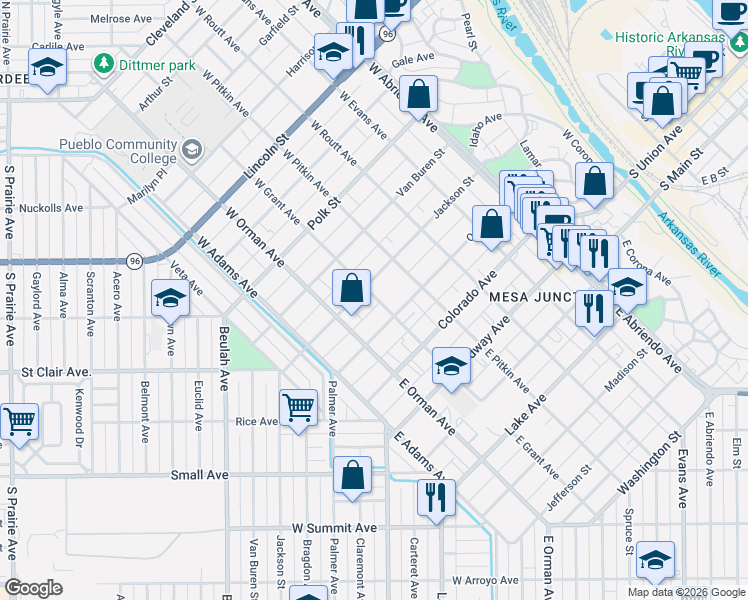 map of restaurants, bars, coffee shops, grocery stores, and more near 218 West Grant Avenue in Pueblo
