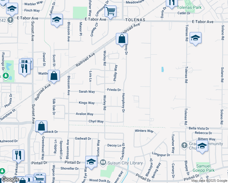 map of restaurants, bars, coffee shops, grocery stores, and more near 610 Frieda Drive in Suisun City
