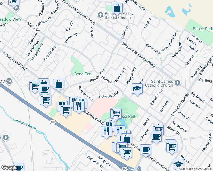 map of restaurants, bars, coffee shops, grocery stores, and more near 283 Park Place Drive in Petaluma