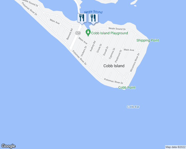 map of restaurants, bars, coffee shops, grocery stores, and more near 15451 Potomac River Drive in Cobb Island