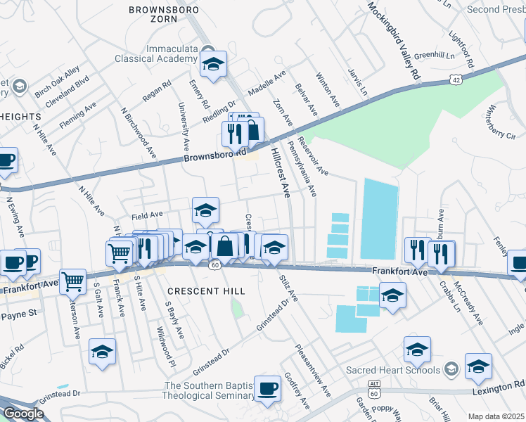 map of restaurants, bars, coffee shops, grocery stores, and more near 155 Crescent Avenue in Louisville