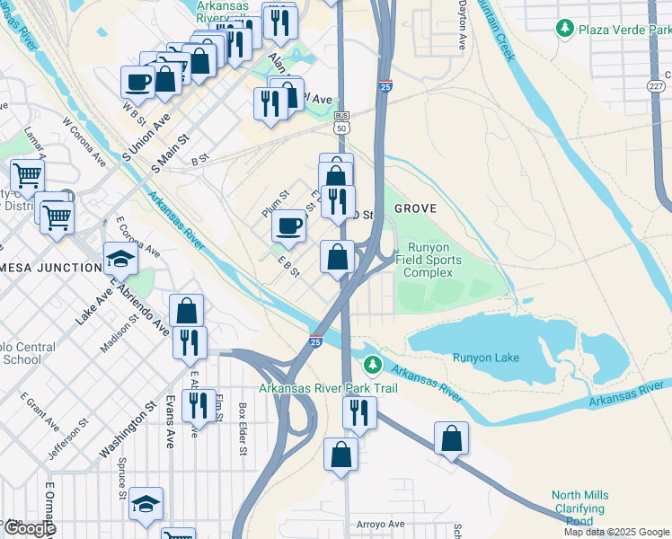 map of restaurants, bars, coffee shops, grocery stores, and more near 431 South Santa Fe Avenue in Pueblo