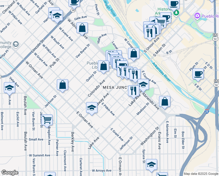 map of restaurants, bars, coffee shops, grocery stores, and more near 213 Broadway Avenue in Pueblo