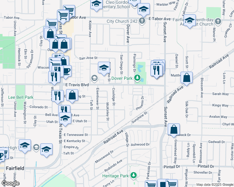 map of restaurants, bars, coffee shops, grocery stores, and more near 1502 Coolidge Street in Fairfield