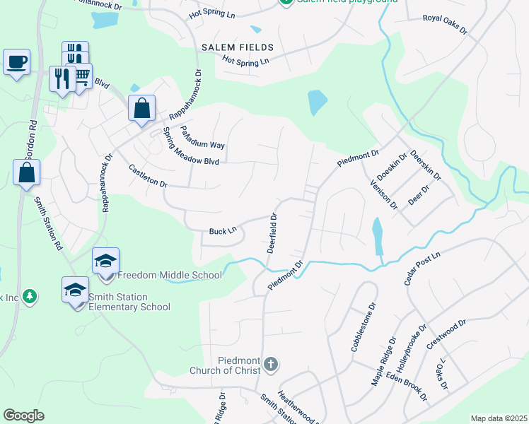 map of restaurants, bars, coffee shops, grocery stores, and more near 6803 Buck Lane in Fredericksburg