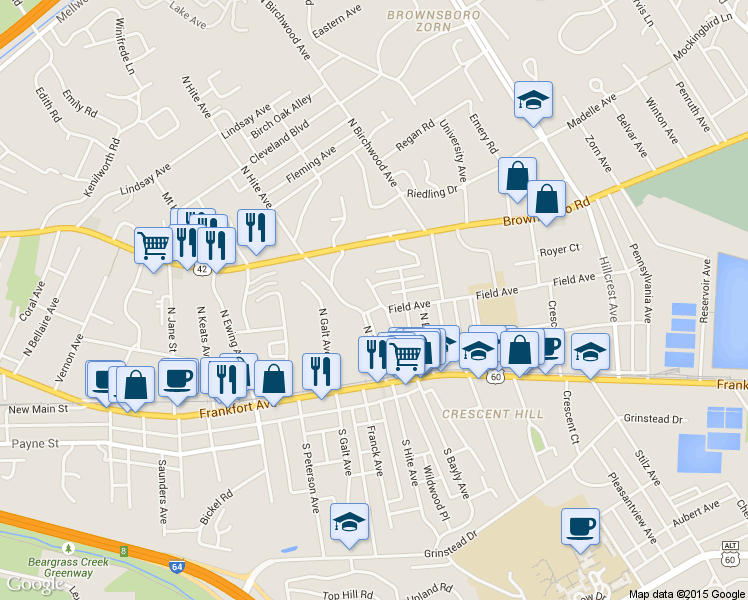 map of restaurants, bars, coffee shops, grocery stores, and more near 208 Linden Lane in Louisville