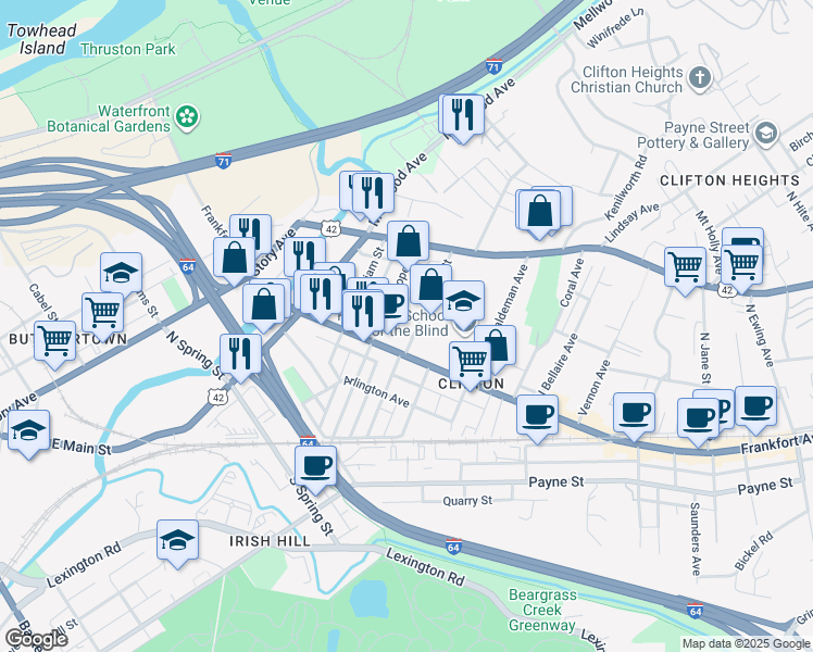 map of restaurants, bars, coffee shops, grocery stores, and more near in Louisville