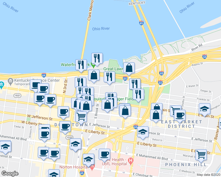 map of restaurants, bars, coffee shops, grocery stores, and more near 222 East Witherspoon Street in Louisville