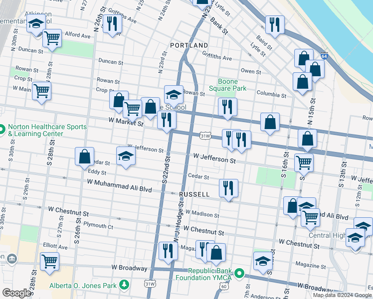 map of restaurants, bars, coffee shops, grocery stores, and more near 218 Doctor West J Hodge Street in Louisville