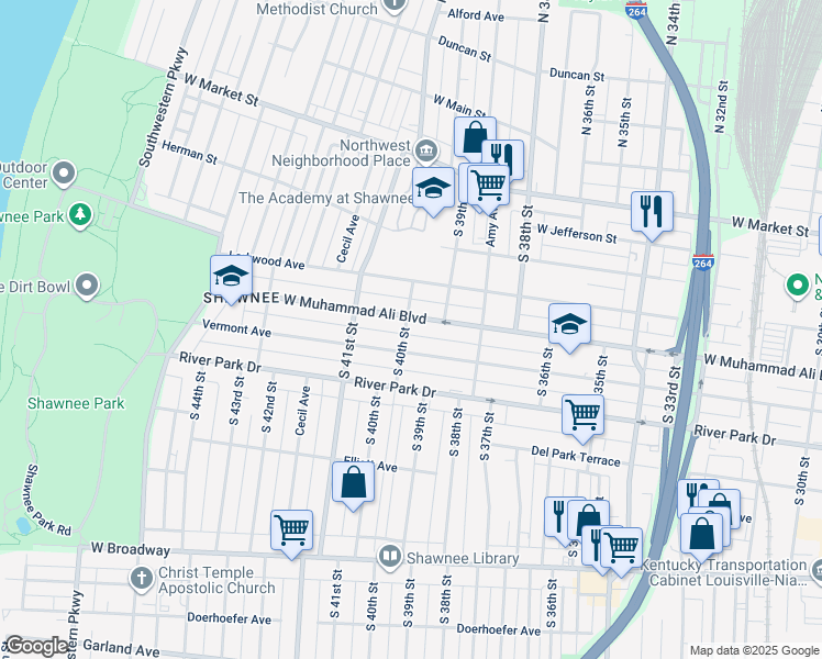 map of restaurants, bars, coffee shops, grocery stores, and more near 3920 West Muhammad Ali Boulevard in Louisville
