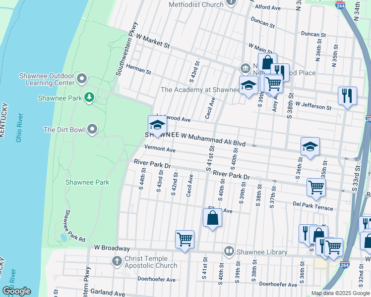 map of restaurants, bars, coffee shops, grocery stores, and more near 4213 Vermont Avenue in Louisville