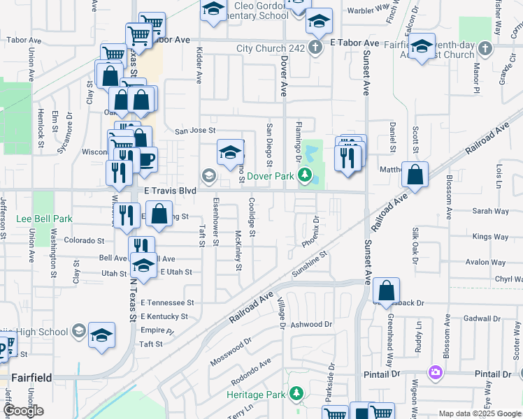map of restaurants, bars, coffee shops, grocery stores, and more near 1502 Coolidge Street in Fairfield