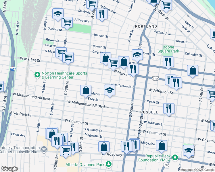 map of restaurants, bars, coffee shops, grocery stores, and more near 2334 West Jefferson Street in Louisville