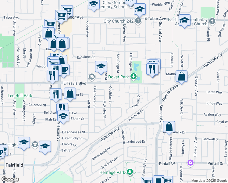 map of restaurants, bars, coffee shops, grocery stores, and more near 1502 Coolidge Street in Fairfield