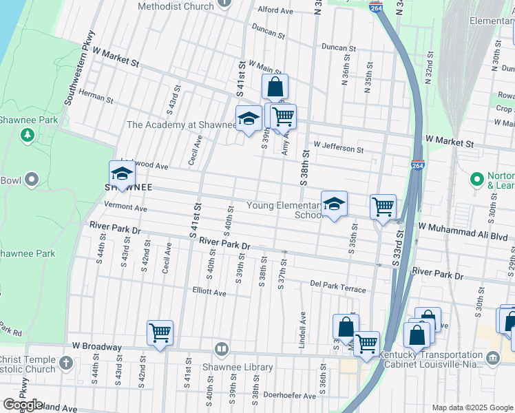 map of restaurants, bars, coffee shops, grocery stores, and more near 3848 West Muhammad Ali Boulevard in Louisville