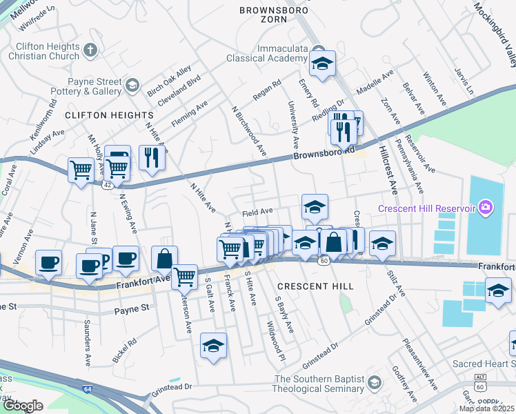 map of restaurants, bars, coffee shops, grocery stores, and more near 2733 Field Avenue in Louisville