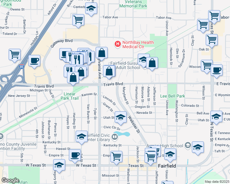 map of restaurants, bars, coffee shops, grocery stores, and more near 1555 Webster Street in Fairfield