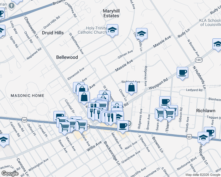 map of restaurants, bars, coffee shops, grocery stores, and more near 175 Saint Matthews Avenue in Saint Matthews