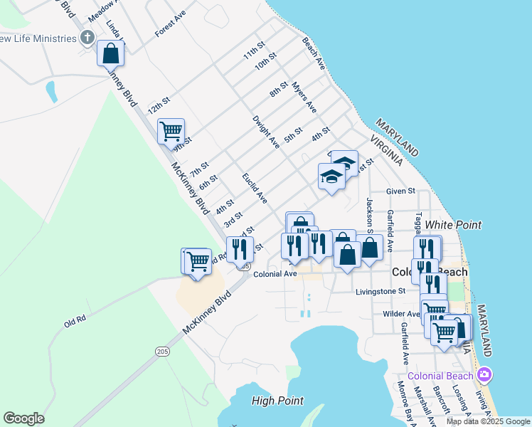 map of restaurants, bars, coffee shops, grocery stores, and more near 325 2nd Street in Colonial Beach