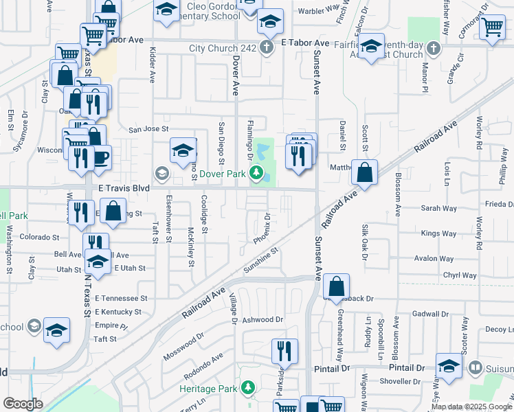 map of restaurants, bars, coffee shops, grocery stores, and more near 1337 Phoenix Drive in Fairfield