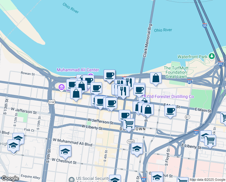 map of restaurants, bars, coffee shops, grocery stores, and more near 144 North Fourth Street in Louisville
