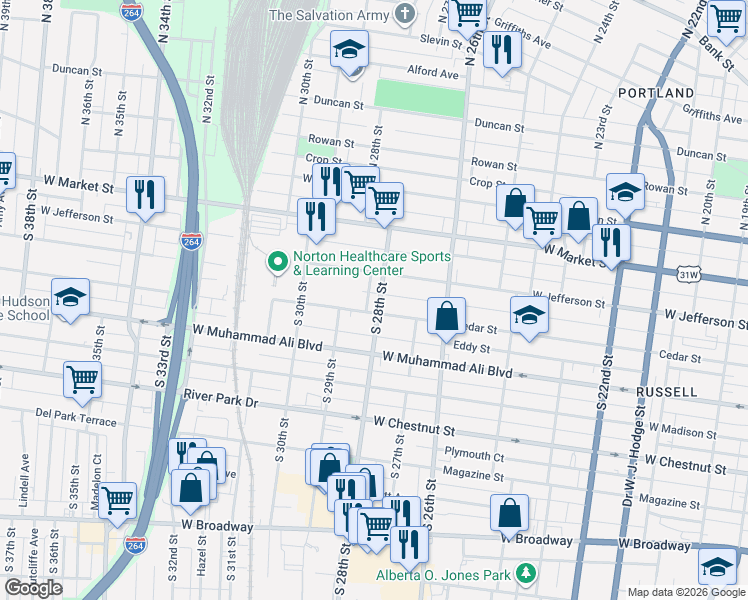 map of restaurants, bars, coffee shops, grocery stores, and more near 404 South 28th Street in Louisville