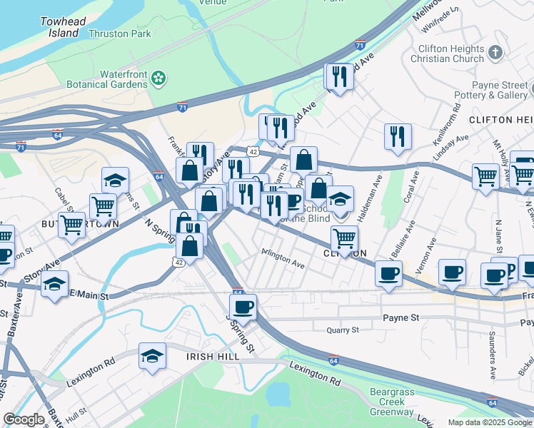 map of restaurants, bars, coffee shops, grocery stores, and more near 1741 Frankfort Avenue in Louisville